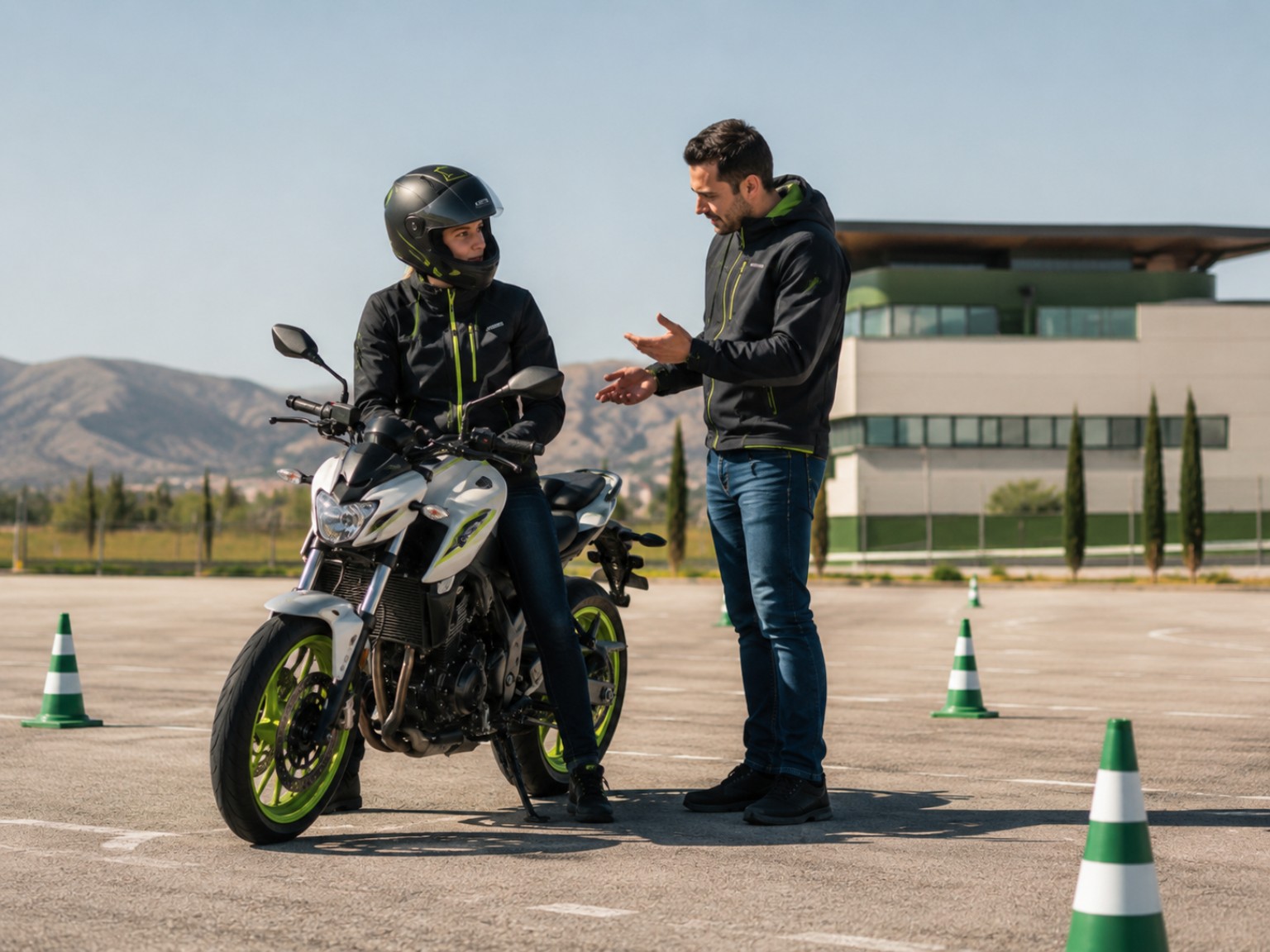 Imagen orientativa de clase práctica de moto con instructor en pista.