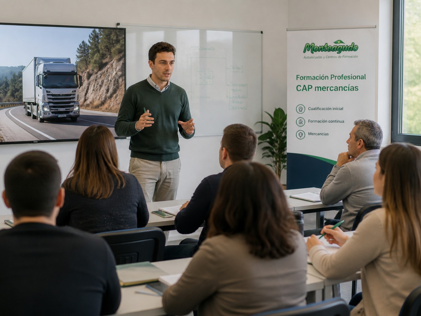 Imagen orientativa de formación CAP mercancías en aula con instructor y alumnado adulto.