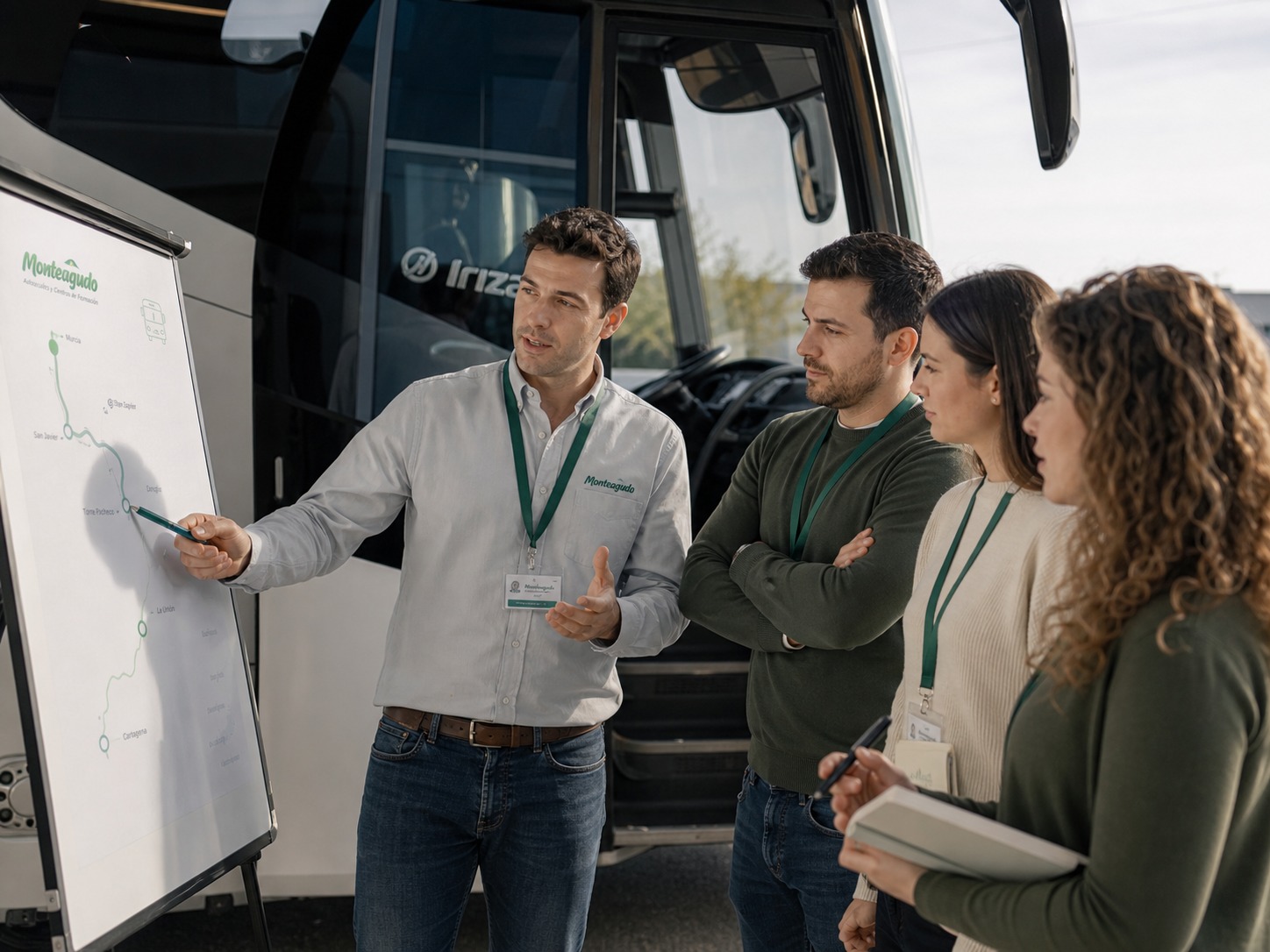 Imagen orientativa de formación de viajeros junto a autobús con instructor y alumnado adulto.